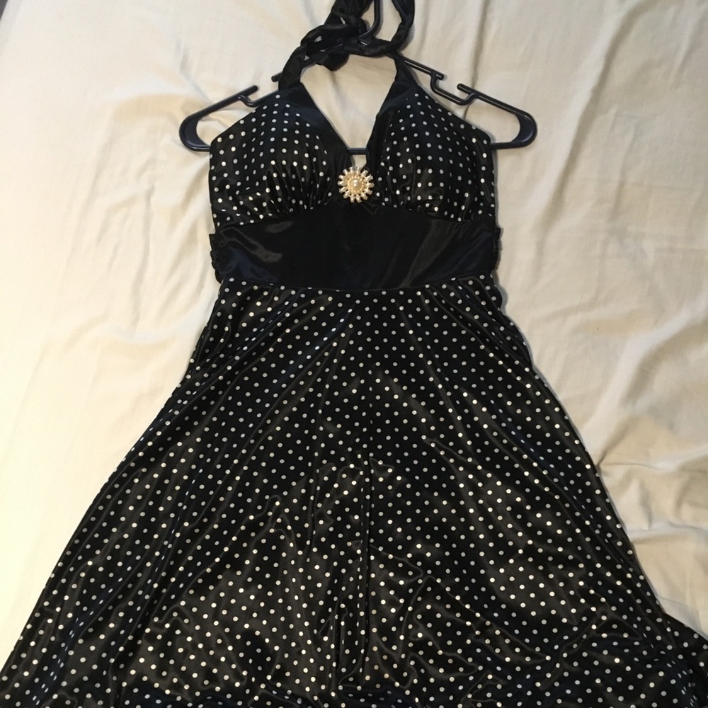 Black polka dot halter dress